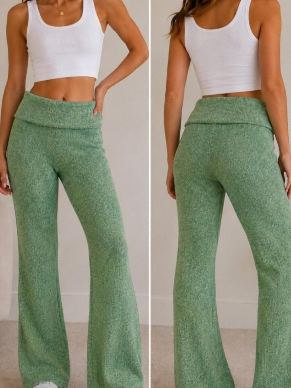 aerie Green Ribbed Boot-Cut knit Leggings with Fold-Over Waist